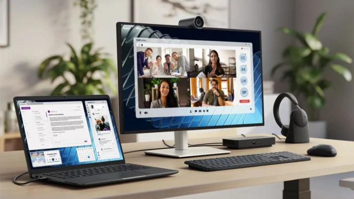 Dell Pro 5 14 P514260 laptop connected to an external monitor showing video conferencing and multitasking workspace