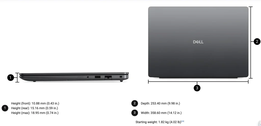Dell Pro 5 16 P516260 showing thickness, width and depth measurements with sleek chassis design