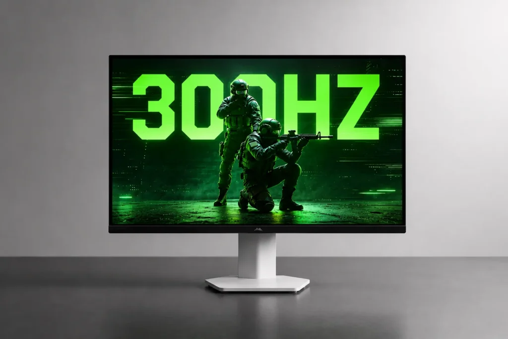 TCL FFALCON gaming monitor showcasing 300Hz refresh rate promotional image