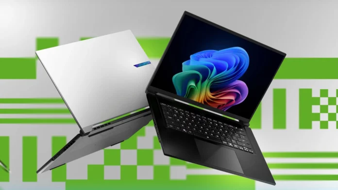 Gigabyte AERO X16 slim gaming laptop shown in open and closed positions