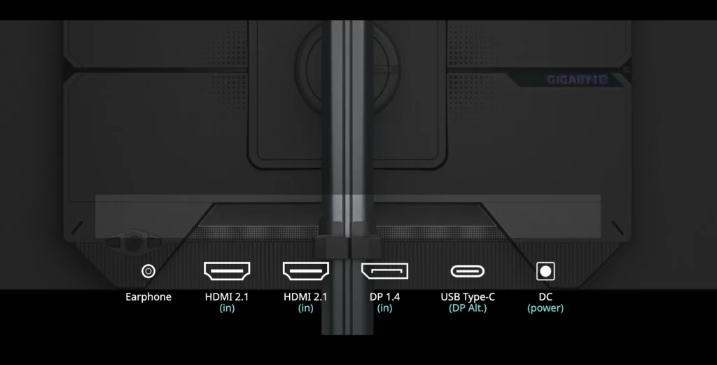 Rear ports of Gigabyte GO27Q24G monitor showing HDMI 2.1, DisplayPort 1.4, USB-C, and audio jack