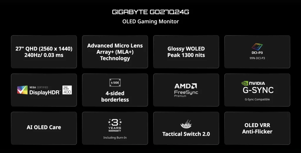 Gigabyte GO27Q24G gaming monitor feature highlights with 240Hz QHD WOLED panel and MLA+ technology