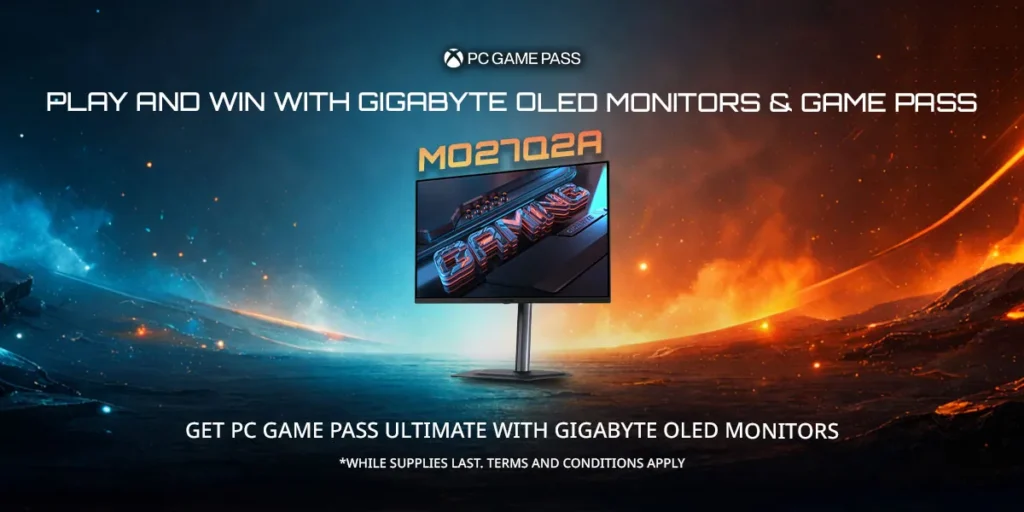 Gigabyte MO27Q2A OLED gaming monitor featured in Xbox PC Game Pass promotional banner