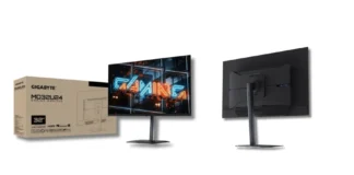 Gigabyte MO32U24 4K QD-OLED Monitor Now Available Gigabyte MO32U24 monitor front and rear design with retail box