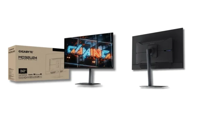 Gigabyte MO32U24 monitor front and rear design with retail box