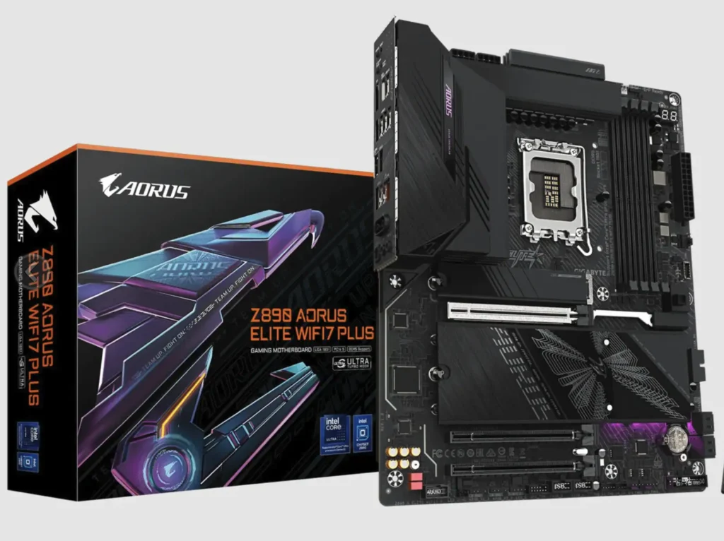Gigabyte Z890 AORUS Elite WiFi7 Plus motherboard shown alongside retail packaging with full board layout