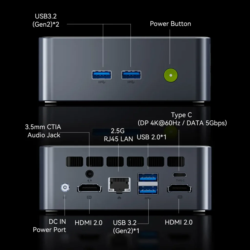 GMKtec NucBox M3 Pro mini PC showing front and rear ports including USB, HDMI, LAN, and Type-C