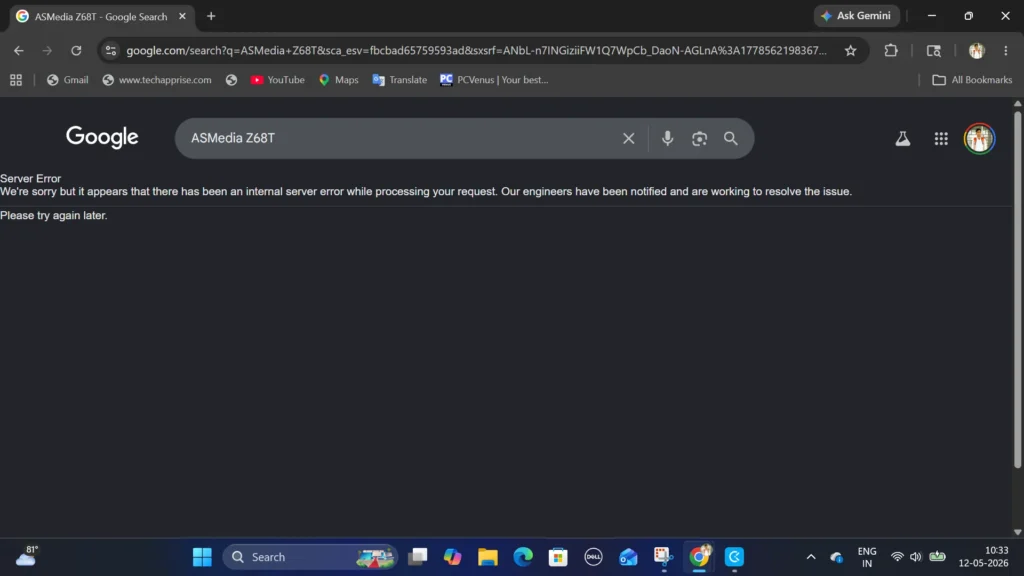Google Search desktop page showing server error