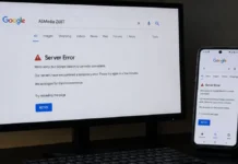 Google Search Faces Server Error on Mobile and Desktop on May 12 Google Search server error displayed on desktop monitor and Android smartphone during outage
