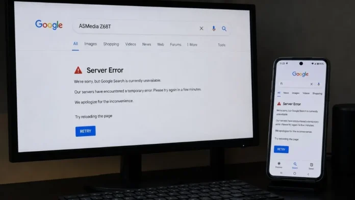 Google Search server error displayed on desktop monitor and Android smartphone during outage