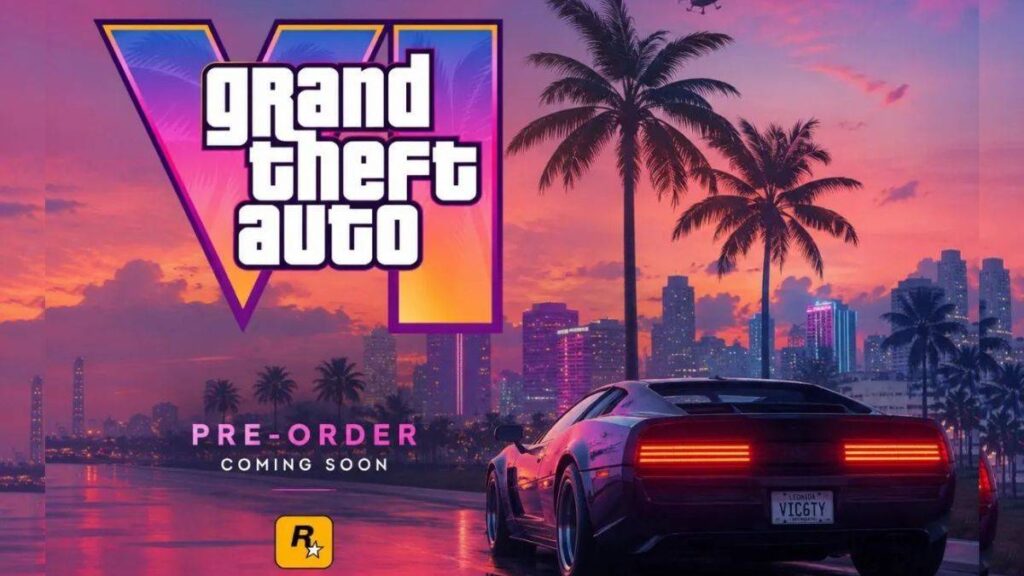 Grand Theft Auto VI promotional artwork with Vice City background and pre-order coming soon text