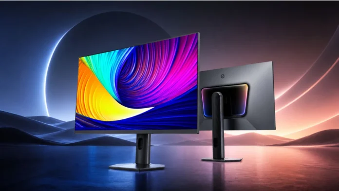 HKC 27Q500B 27 inch QD OLED monitor showing slim bezels colorful display and rear RGB lighting design