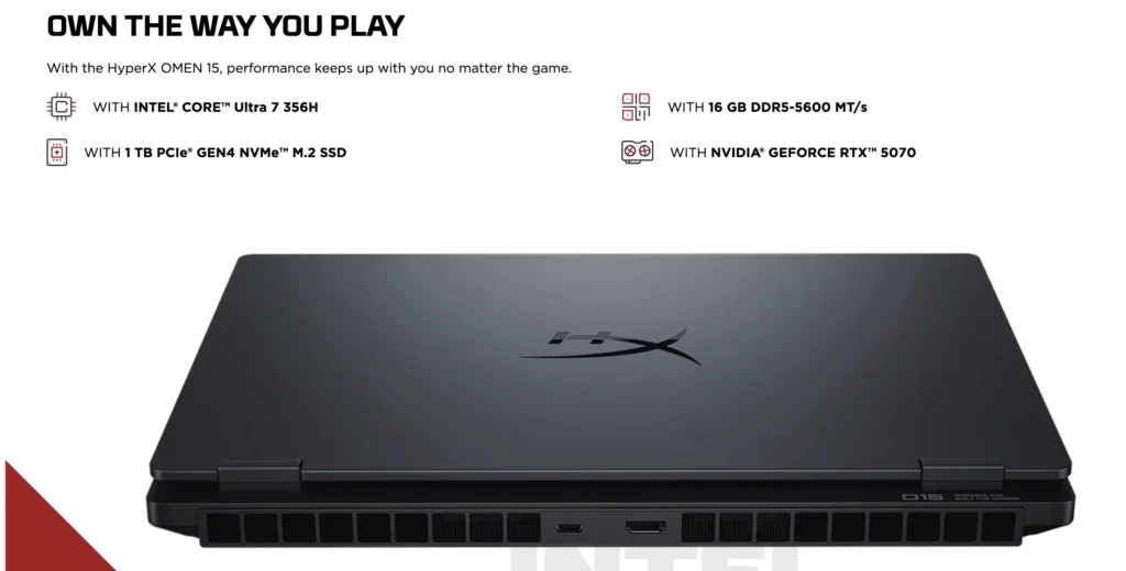 HP HyperX Omen 15 specifications featuring Intel Core Ultra 7 356H and RTX 5070 graphics