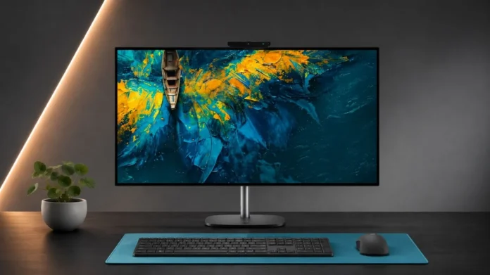 HP OmniStudio X 27 all-in-one desktop with slim display, wireless keyboard, and mouse setup