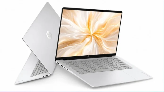 HP StarBook Plus 14 laptop in white finish HP StarBook Plus 14 laptop in white color shown open and closed with slim bezels large touchpad and minimalist lightweight design