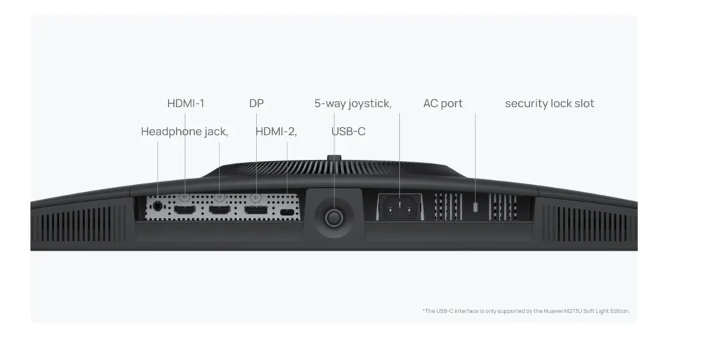 Huawei Monitor M273U Laucnches With 4K 160Hz IPS Panel and 320Hz Dual Mode 2 rear connectivity view of Huawei M273U monitor showing HDMI DisplayPort USB-C and headphone ports
