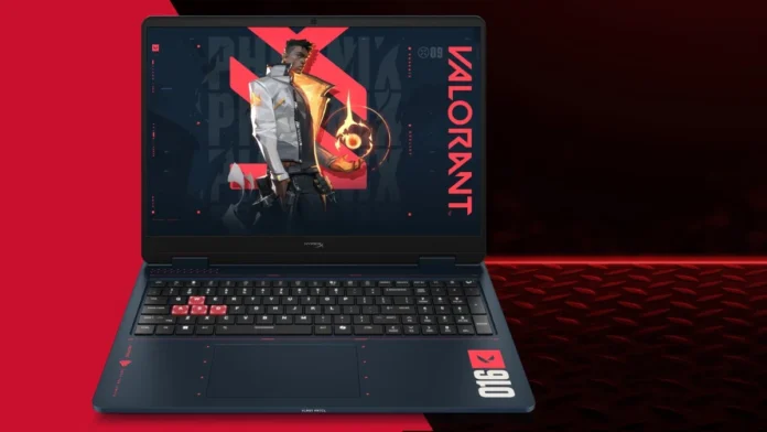 HyperX OMEN 16 VALORANT Edition gaming laptop promotional render featuring VALORANT graphics and esports themed design