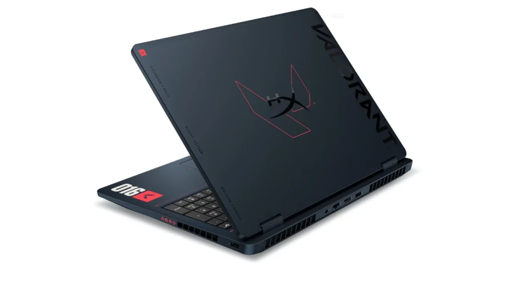 HyperX OMEN 16 VALORANT Edition gaming laptop rear view with custom VALORANT branding and dark blue chassis design