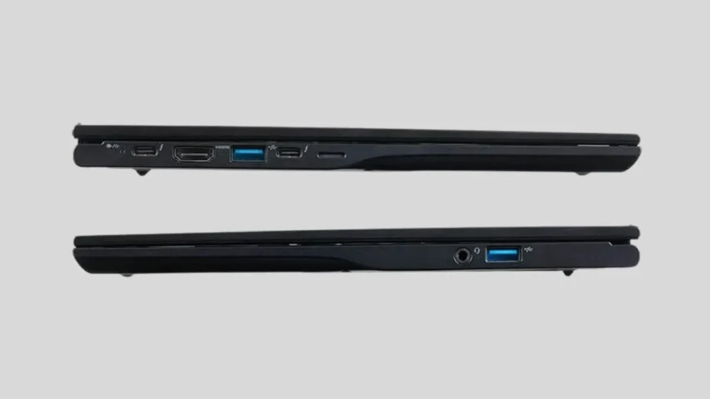 iiyama Panther Lake laptop ports including USB-A HDMI audio jack and dual Raiden 4 ports