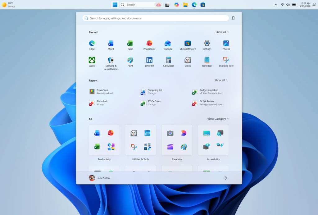 Microsoft tests classic Windows 10-style taskbar features in new Windows 11 Insider builds 2 Screenshot of the taskbar in the top-aligned position, with Start opening from the top.