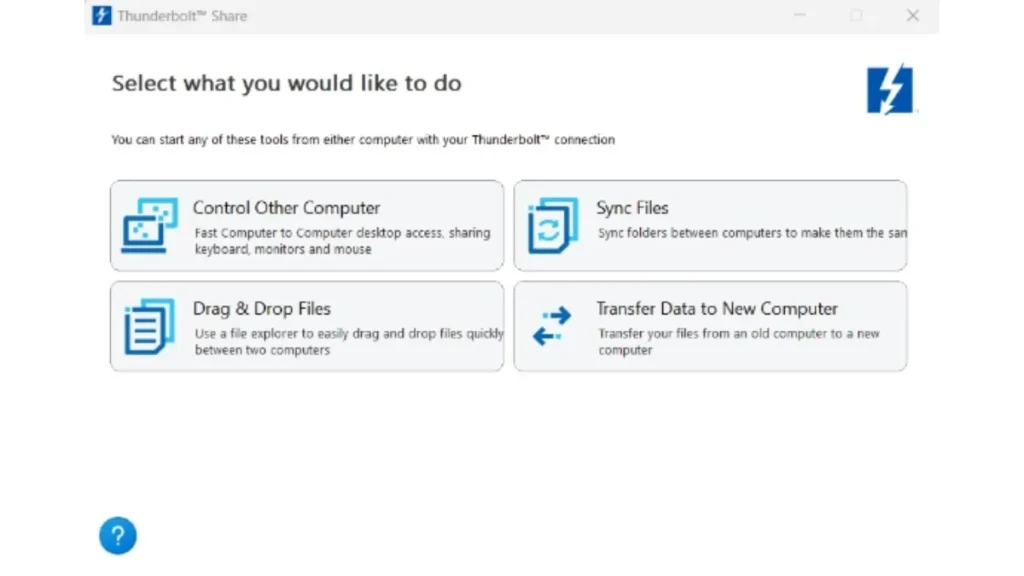 Intel Thunderbolt Share software interface showing file sync, drag and drop transfer, and KVM control options.