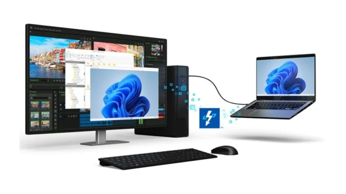 Intel Thunderbolt Share software interface showing file sync, drag and drop transfer, and KVM control options