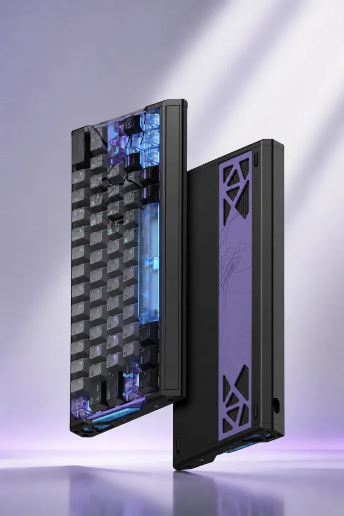 Side profile of the Iqunix EV63 gaming keyboard with purple accent frame and transparent RGB lighting