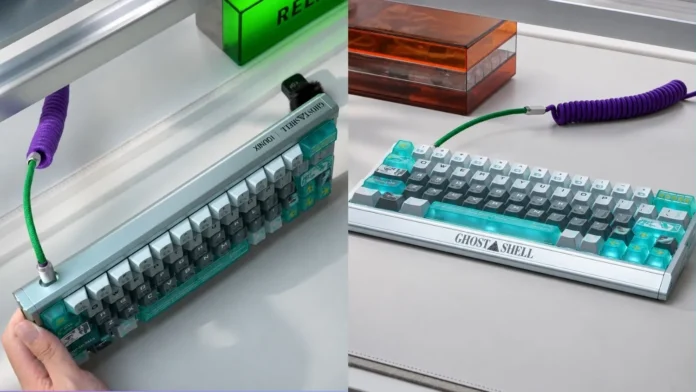 Iqunix Ghost in the Shell EV63 compact gaming keyboard with translucent cyan keycaps and custom coiled cable