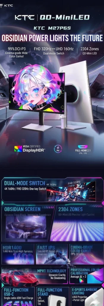 Promotional poster highlights dual-mode switching, HDR1400 brightness, and 2304-zone Mini LED backlight