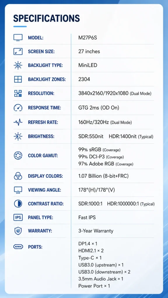 KTC M27P6S monitor specifications showing Mini LED, 2304 zones, 4K 160Hz and 320Hz dual mode