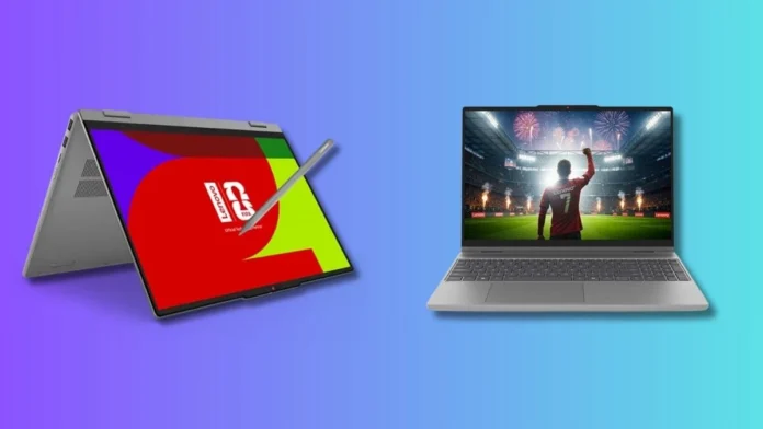Lenovo IdeaPad 5i 2-in-1 convertible laptop alongside standard IdeaPad laptop