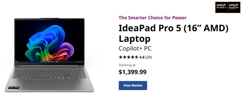 Lenovo IdeaPad Pro 5 AI 16-inch laptop with AMD Ryzen AI processor and RTX 5050 graphics listed