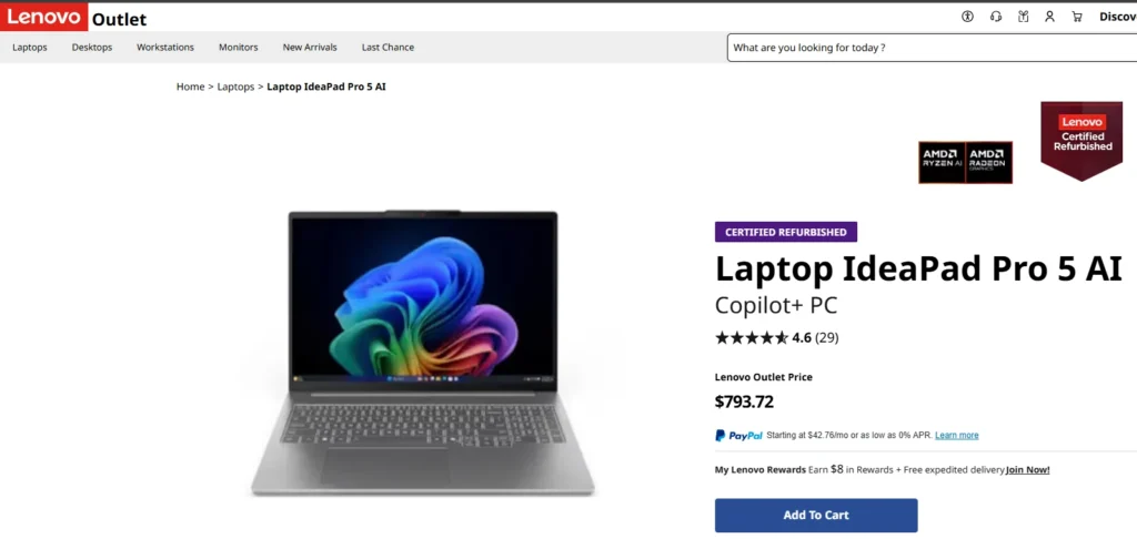 Lenovo Outlet listing for IdeaPad Pro 5 AI laptop showing discounted price of $793.72 and certified refurbished status