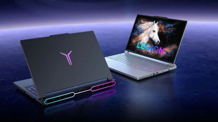 Lenovo Legion Y9000P gaming laptop with RGB rear lighting and dual display angles.