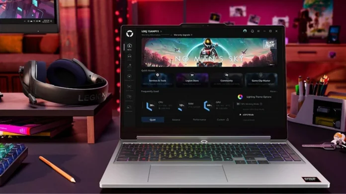 Lenovo LOQ 15 gaming laptop with RGB keyboard on a gaming desk setup