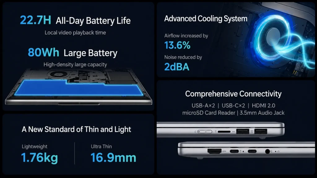 Lenovo Xiaoxin Pro 16 FIFA Edition feature sheet showing 80Wh battery advanced cooling system thin design and connectivity ports