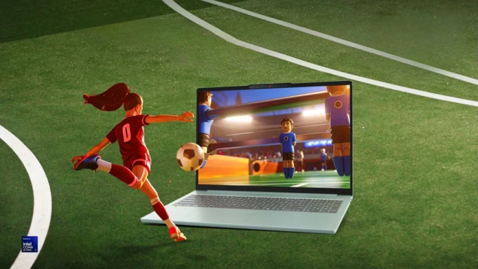 Lenovo Xiaoxin Pro 16 FIFA Edition laptop displayed on a football field with animated soccer gameplay on screen