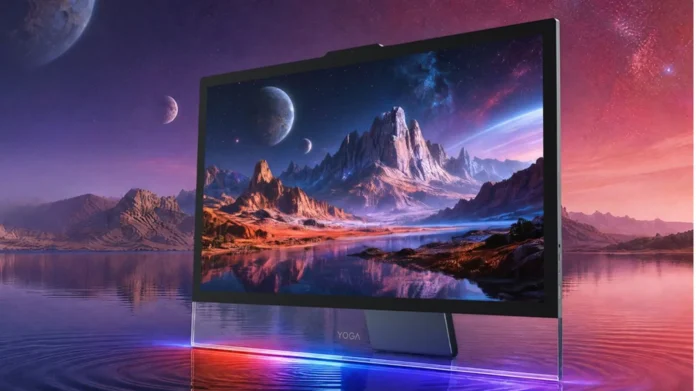 Lenovo YOGA 32 Ultra Aura all-in-one desktop display Lenovo YOGA 32 Ultra Aura all-in-one desktop PC with large immersive display and futuristic wallpaper