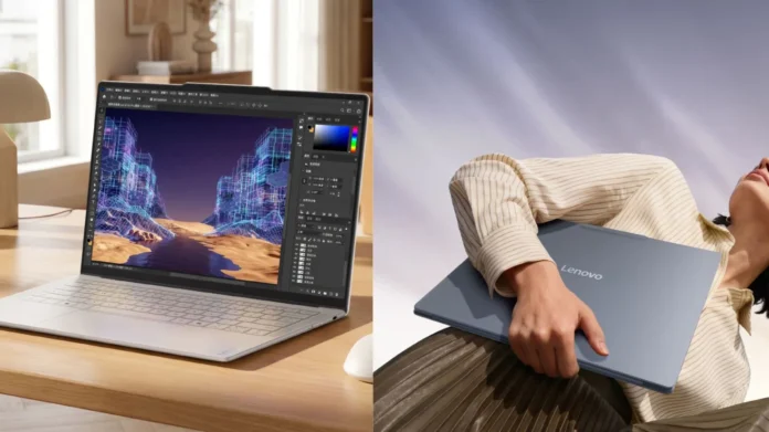 Lenovo YOGA Air 14 Ultra laptop shown in white and blue colors highlighting slim lightweight premium design
