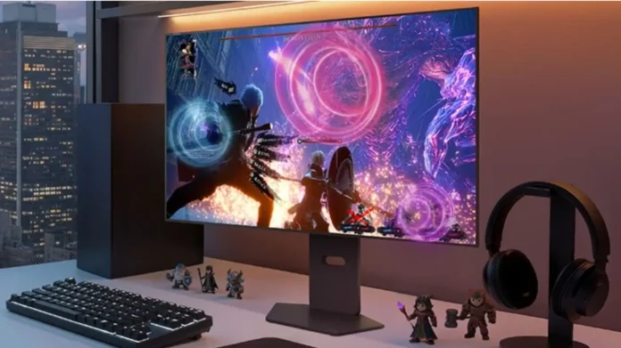 LG UltraGear 32GX870B gaming monitor displaying gameplay on a desk with keyboard, PC, and headphones