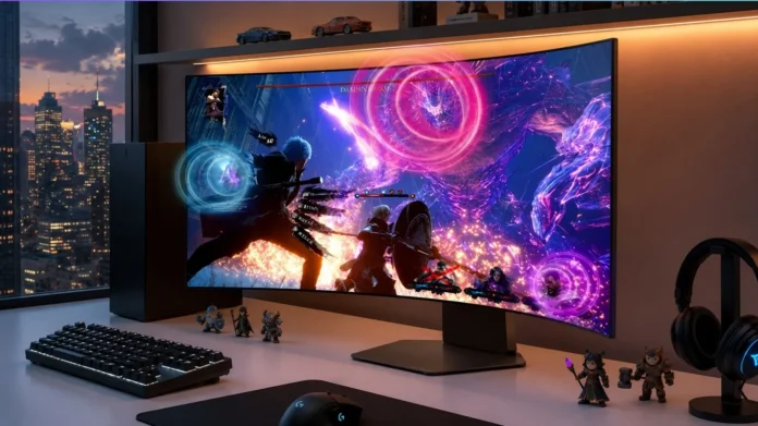 LG UltraGear 45GX950B curved OLED gaming monitor in a desktop gaming setup