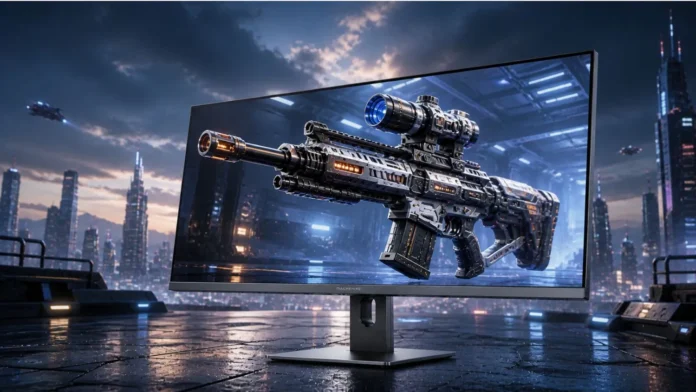 Mechrevo MZF25F400 monitor showing fast IPS panel with gaming scene on screen and slim stand design