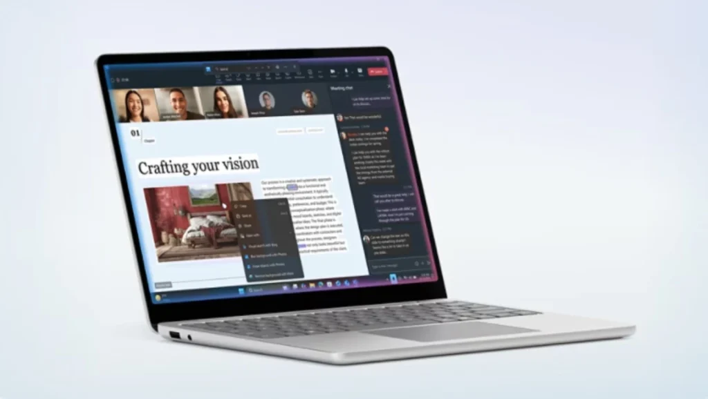 Microsoft Refreshes Surface Laptop 8 and Surface Pro 12 With Intel Core Ultra 3 Microsoft Surface Laptop 13-inch with Windows multitasking and video call interface on display