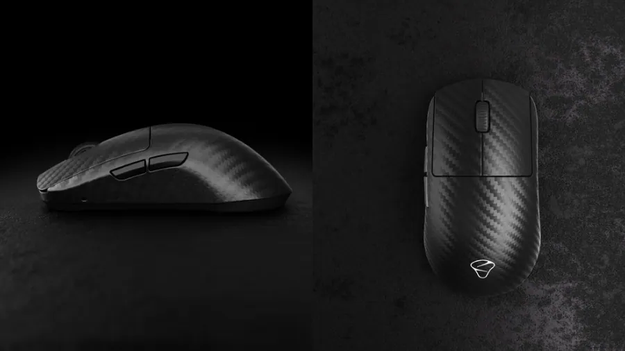 Mionix Avior Air carbon fiber mouse top and side view showing ergonomic design