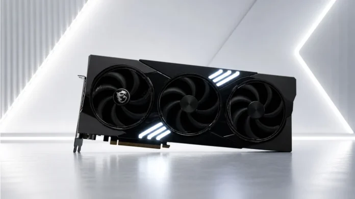 MSI GeForce RTX 5080 graphics card showing triple fan cooling system with angular shroud design