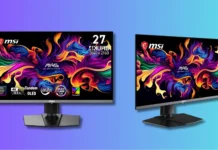 MSI Launches MAG 272UP QD-OLED E16 With 4K 165Hz Penta Tandem Panel at $599 MSI MAG 272UP QD-OLED E16 monitor shown from front and side angles on gradient background