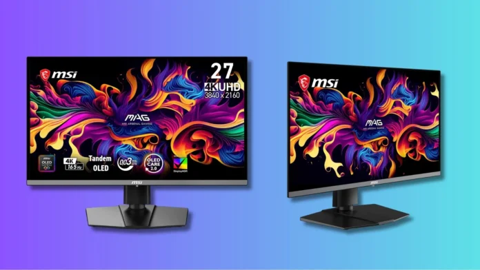 MSI MAG 272UP QD-OLED E16 monitor shown from front and side angles on gradient background