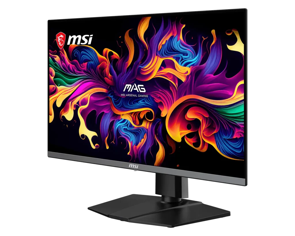 MSI MAG 272UP QD-OLED E16 4K gaming monitor displaying colorful abstract wallpaper