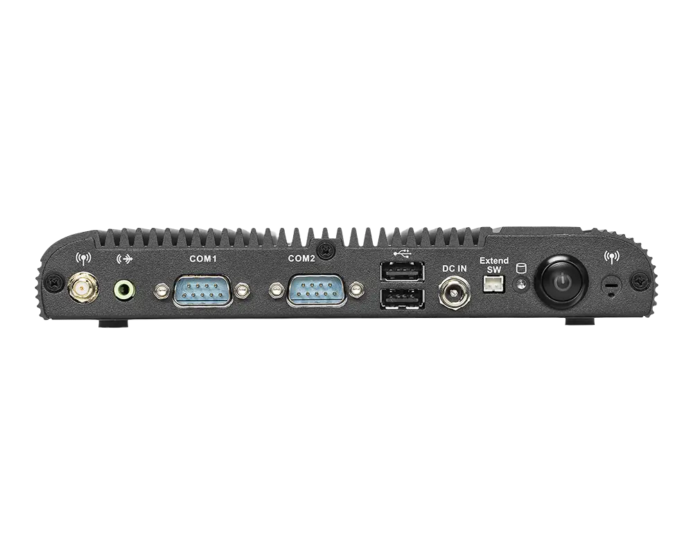 Front I/O layout of the MSI MS-C936 slim fanless box PC with COM ports and USB connectivity
