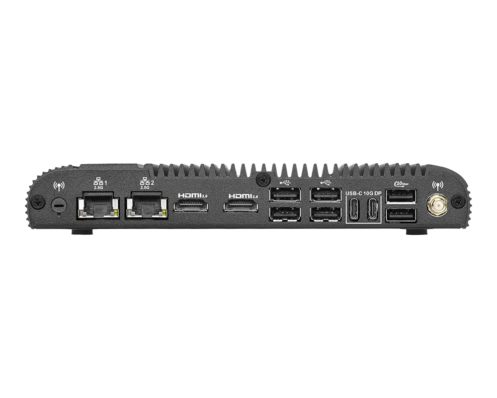 Rear I/O ports of the MSI MS-C936 fanless box PC with dual LAN, HDMI, USB, and USB-C ports